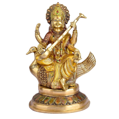 19.3 Inch Big Saraswati Maa Brass Statue featuring intricate detailing, perfect for spiritual home decor, temple worship, and devotional gifting. Indiaβs Largest Brass Idols Brand - www.satvikstore.in