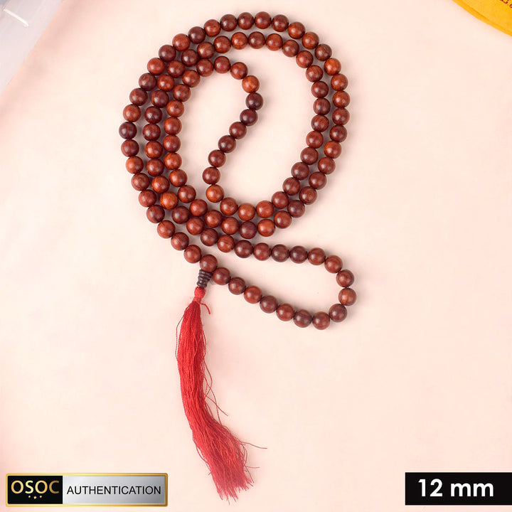 Certified 12mm 100% original authentic red sandalwood (Chandan) jap mala from Andhra Pradesh, featuring large polished beads for meditation, chanting, and spiritual rituals.India’s Premium Jap Mala Store - www.satvikstore.in