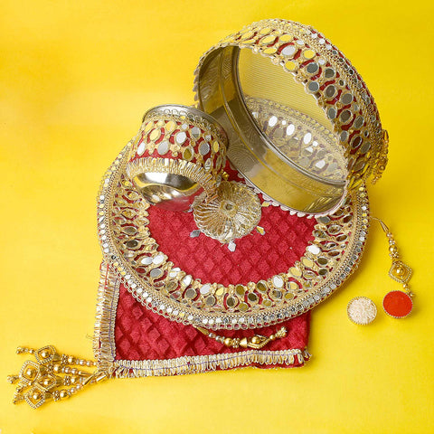 11 Pc Maroon Embroidery Mirror Work Karwa Chauth Thali Set with Cover, Kalash, Channi and Complete Puja Items. India’s Largest Pooja Accessories Brand - www.satvikstore.in