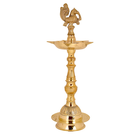 13 Inch Embossed Brass Peacock Kerala Samai Diya – Handcrafted brass diya with an embossed peacock design, perfect for pooja ceremonies, religious rituals, and spiritual occasions. India’s Largest Pooja Accessories Brand – www.satvikstore.in
