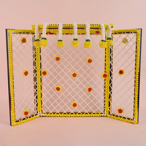 15 Inch Large Yellow Magnificent Ganesha Phool Bangla made with bright artificial flowers, ideal for Ganpati mandap decoration and idol background setup. India’s Largest Pooja Accessories Brand – www.satvikstore.in