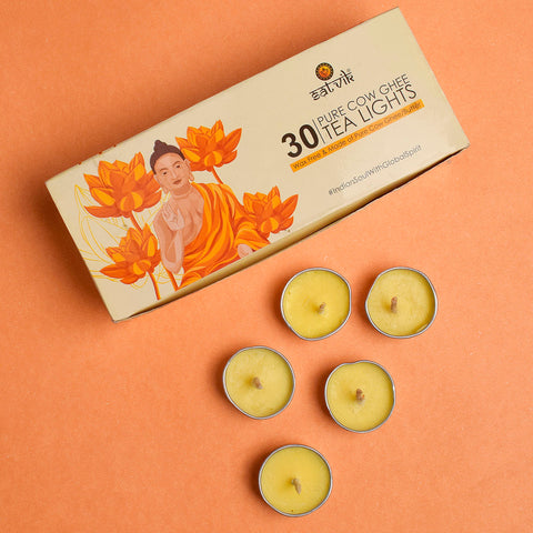 30 Pc Tibetan Buddhist Butter/Pure Cow Ghee Tea Light, crafted with pure ghee for long-lasting, clean illumination during spiritual practices, rituals, and pooja. Eco-friendly and handmade. India’s Largest Pooja Accessories Brand – www.satvikstore.in