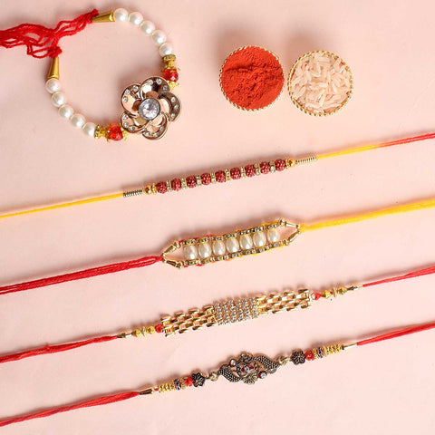 Set of 5 Designer Rakhi Threads with Roli Chawal and Ram Sita Stickers for Raksha Bandhan Celebration. India’s Largest Pooja Accessories Brand - www.satvikstore.in