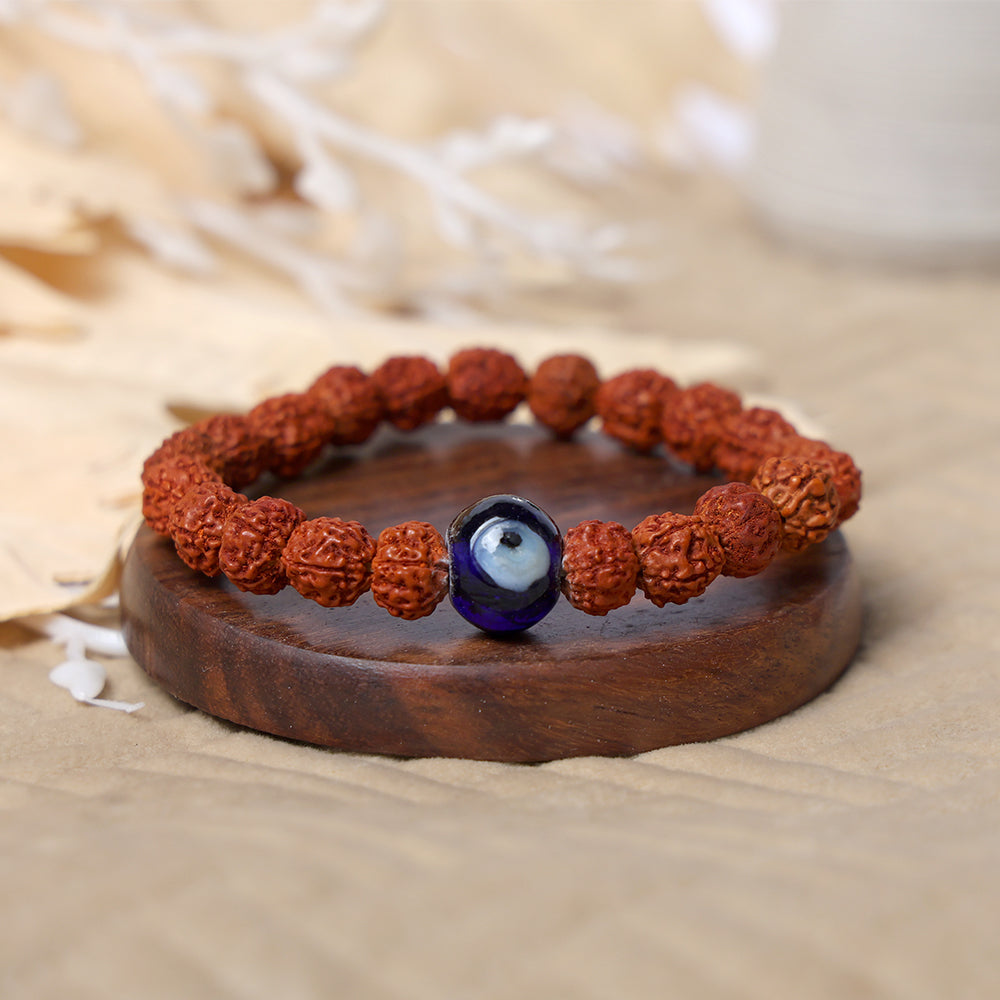 8mm Rudraksha bracelet with evil eye bead for protection and positive energy. India’s Largest Pooja Accessories Brand – www.satvikstore.in
