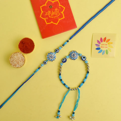 Designer Couple Rakhi Set for Bhaiya and Bhabhi with Roli Chawal and Ram Sita Stickers – Raksha Bandhan Gift Combo. India’s Largest Brass Idols Brand - www.satvikstore.in