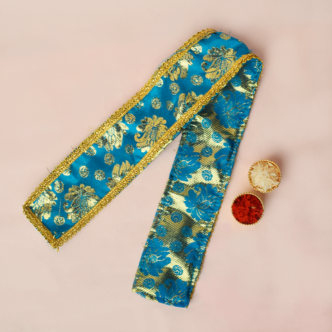 Blue and golden designer Angvastra/Patka/Dupatta, 21-22 inches in length, featuring intricate patterns and traditional styling. India’s Largest Pooja Accessories Brand – www.satvikstore.in
