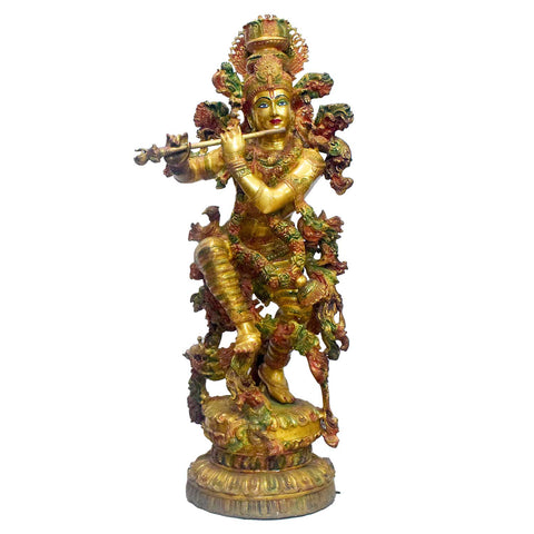43 Inch Large Brass Krishna Flute Player Statue in Tribhanga Pose – Symbol of Divine Playfulness, Harmony, and Spiritual Serenity for Temple or Home Decor. India's Largest Puja Accessories Brand - Satvik No. 1 Brass Idol Collection 

