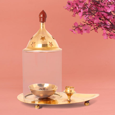 Elegant brass leaf-shaped Akhand Diya with integrated incense holder, perfect for traditional pooja rituals and home temple décor. India’s Largest Pooja Accessories Brand – www.satvikstore.in