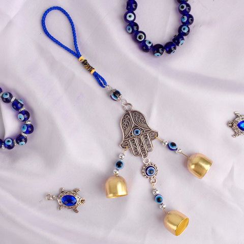 Evil Eye Hamsa Hand Wall Hanging with Bells – A handmade spiritual decor piece for protection and positive energy. India’s Largest Pooja Accessories Brand – www.satvikstore.in