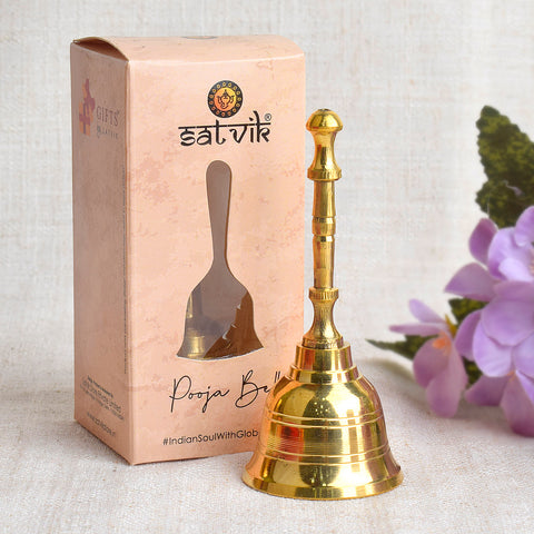 Exquisite Brass Pooja Bell (Ghanti) crafted for spiritual rituals, ideal for temples and home mandirs to enhance divine ambiance during aarti and prayer. India’s Largest Pooja Accessories Brand – www.satvikstore.in
