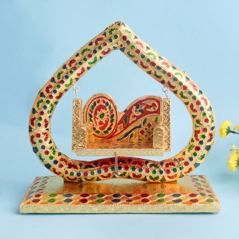 Exquisite Pan Meenakari Jhula for Laddu Gopal with vibrant enamel detailing, perfect for Janmashtami and festive home temple decoration. India’s Largest Pooja Accessories Brand – www.satvikstore.in