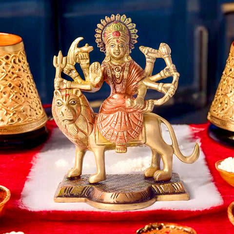 3.4 Inch Majestic Brass Sherawali Mata Idol – Finely Detailed Durga Statue for Puja Room, Home Temple, and Festive Decor. No.1 Brass Idol Store www.satvikstore.in 