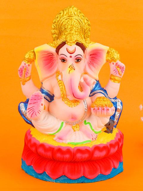 Graceful 10.6-inch Pitambara Ganesha idol crafted from eco-friendly clay, adorned with a vibrant yellow dhoti and serene expression. India’s Largest Pooja Accessories Brand – www.satvikstore.in

