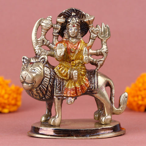 4.9 Inch Fascinating Brass Sherawali Mata Idol seated on lion, intricately handcrafted with rich details and divine aura – perfect for temple worship, Navratri puja, and spiritual home décor No.1 Brass Idol Store www.satvikstore.in 