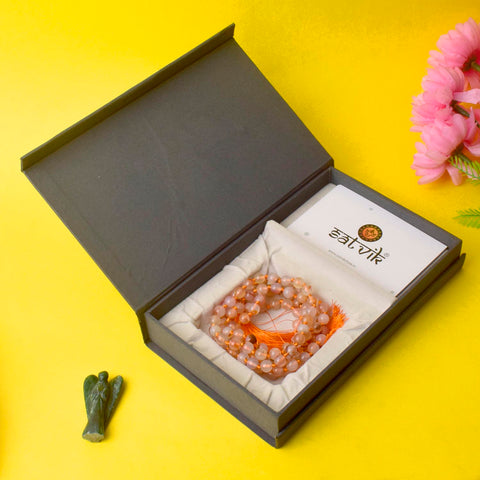 Premium Hakik Jap Mala with Peach & Yellow Aventurine Beads – A Spiritual Meditation Mala for Confidence, Positivity, and Emotional Healing. India’s Premium Hakik Jap Mala Store - www.satvikstore.in
