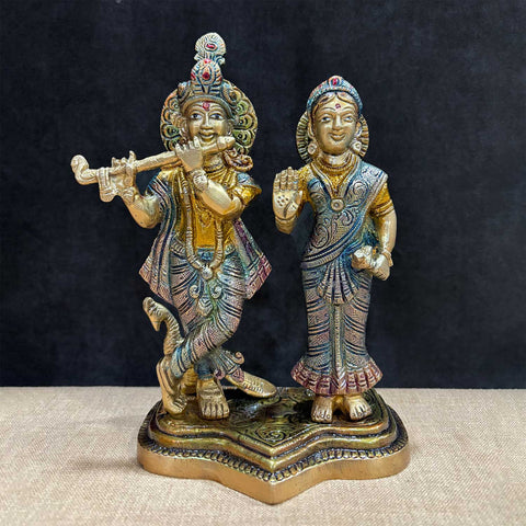 8 Inch Radha Krishna Idol crafted in pure brass, depicting the divine couple in a loving pose, symbolizing eternal devotion and spiritual love — perfect for home temples and gifting. No.1 Brass Idol Store www.satvikstore.in 
