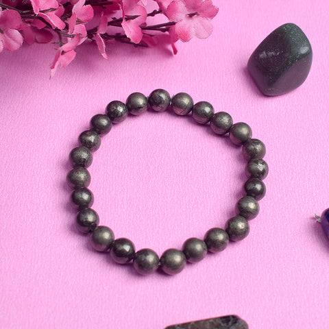 Pyrite Crystal Bracelet for Reiki Healing 8MM Beads – Authentic Energy Shield for Confidence and Protection. India’s Largest Pooja Accessories Brand – www.satvikstore.in