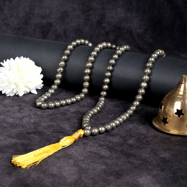 Pyrite Hakik Mala with 108 natural beads for abundance, protection, prosperity and spiritual grounding.India’s Largest Pooja Accessories Brand – www.satvikstore.in