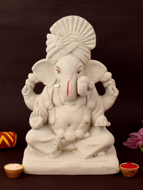 10.6 Inch Sarvadevatman eco-friendly Ganesha idol with traditional pagdi, handcrafted from natural shadu mati for Ganesh Chaturthi celebrations. India’s Largest Pooja Accessories Brand – www.satvikstore.in