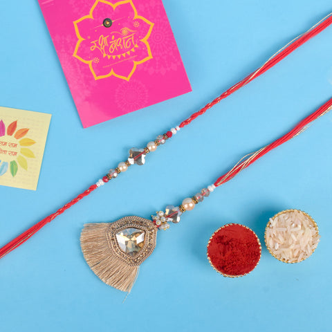 Designer Couple Rakhi Set for Bhaiya and Bhabhi with Roli Chawal and Ram Sita Stickers – Raksha Bandhan Gift Combo. India’s Largest Brass Idols Brand - www.satvikstore.in