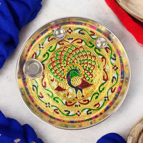 Stainless steel pooja thali set with vibrant peacock print design, ideal for daily aarti and festive rituals India’s Largest Pooja Accessories Brand – www.satvikstore.in