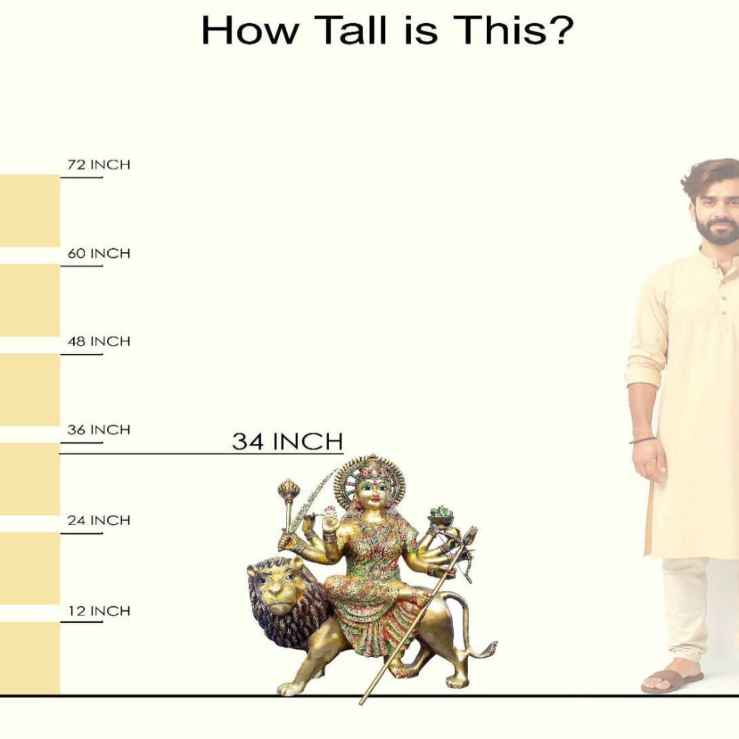 Handcrafted large brass statue of Goddess Durga seated on her lion vahana, holding multiple weapons including a sword and trident, glossy finish, weight 60000 grams (60 kg), height 87 cm (approximately 34.25 inches), length 80 cm (approximately 31.5 inches). Best for VIP Gift, best for big premium gift, best for your temple. India's Large Puja Accessories Brand - Satvikstore.in
