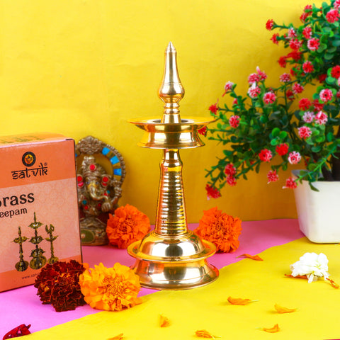 10 Inch Small Brass Kerala Diya – AKP NilaVilakku Deepam – Handcrafted brass diya for traditional Kerala pooja and Indian rituals. India’s Largest Pooja Accessories Brand – www.satvikstore.in